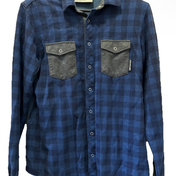 Ortovox Merino Wool Blue Plaid Flannel Shirt with Grey Pockets Mens Sz M